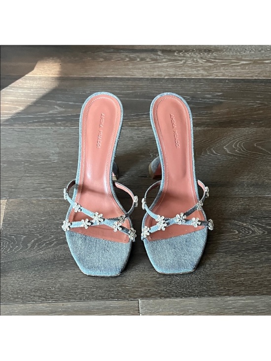 Amina Muaddi Shoes - Amina Muaddi Glitter Blue Strappy Mules with Blush Insole